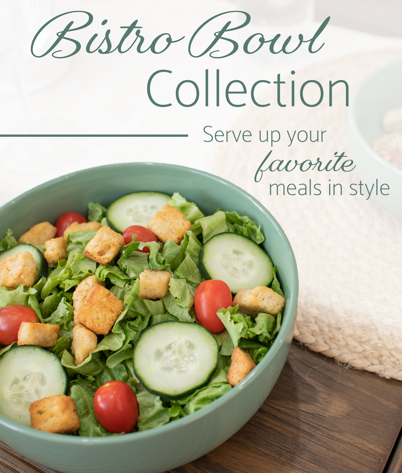 Green Bistro bowl with salad. Text "Bistro Bowl Collection, Serve up your favorite meals in style"