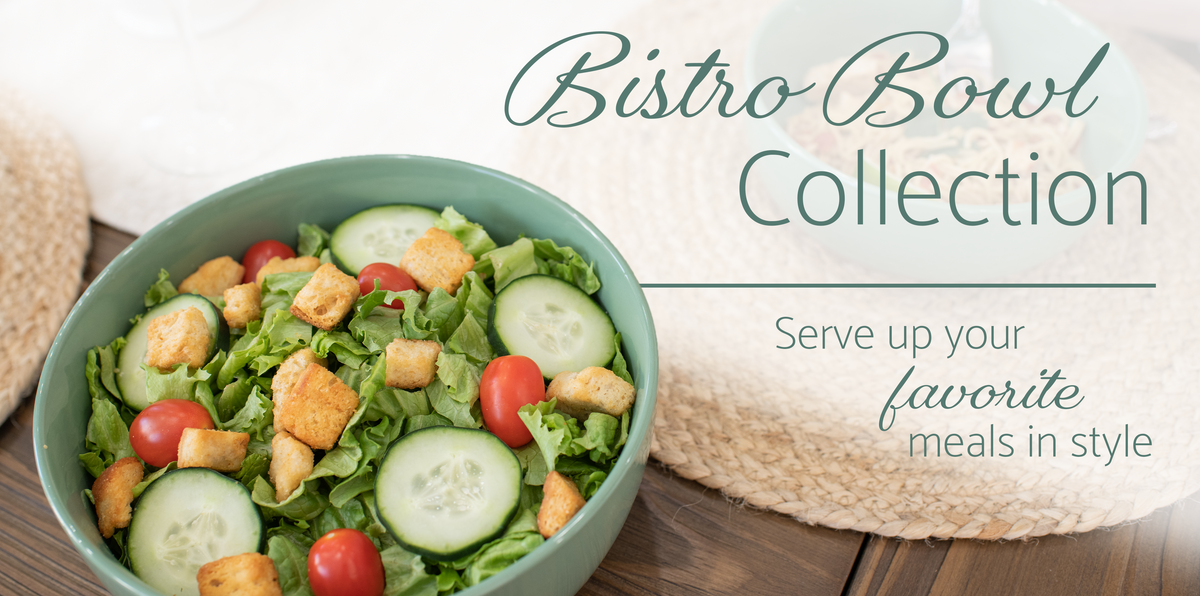 Green Bistro bowl with salad. Text "Bistro Bowl Collection, Serve up your favorite meals in style"