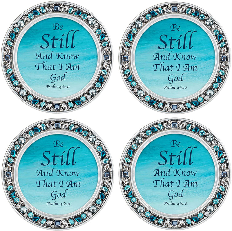 Be Still and Know Aqua Silvertone 4.5 Inch Jeweled Coaster Set of 4