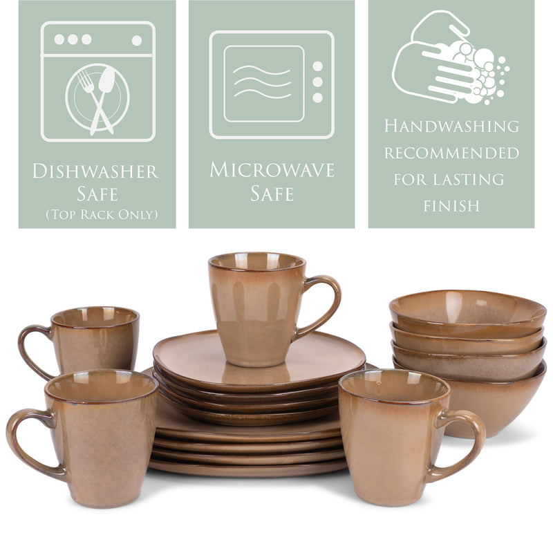 Elanze Designs Modern Chic Smooth Ceramic Stoneware Dinnerware 16 Piece Set - Service for 4, Brown