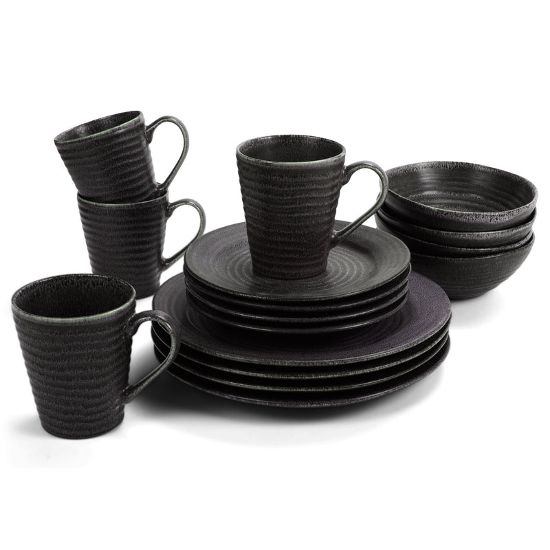 16 piece dinnerware set, stacked with mugs