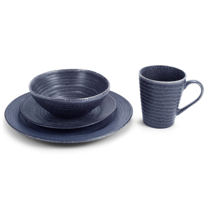 Elanze Designs Chic Ribbed Ceramic Stoneware Dinnerware 16 Piece Set - Service for 4, Navy Blue