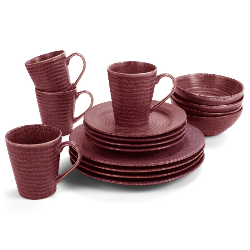 Elanze Designs Chic Ribbed Ceramic Stoneware Dinnerware 16 Piece Set - Service for 4, Red