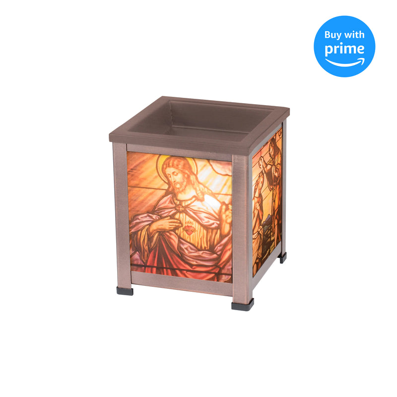 Christ Sacred Heart Copper Tone Metal Electrical Wax Tart and Oil Glass Lantern Warmer