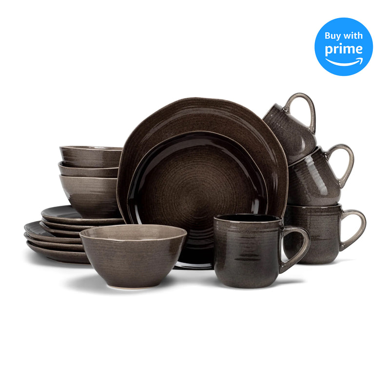 Elanze Designs Reactive Glaze Ceramic Stoneware Dinnerware 16 Piece Set - Service for 4, Mocha Grey Ombre