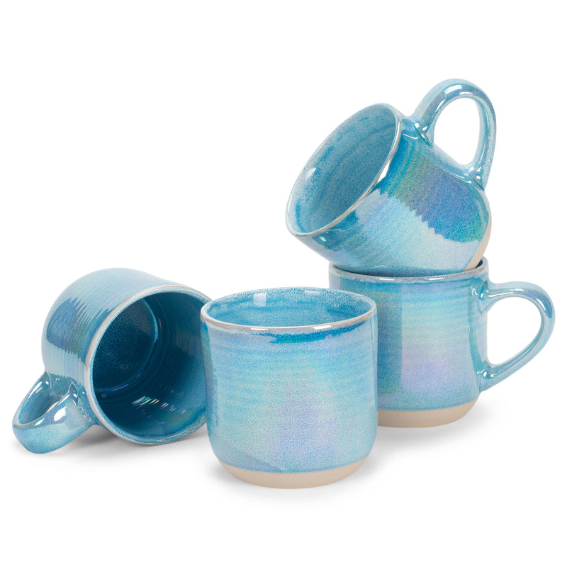 Blue Glossy Iridescent Rainbow Reactive Glaze 17 ounce Stoneware Coffee Cup Mugs Set of 4