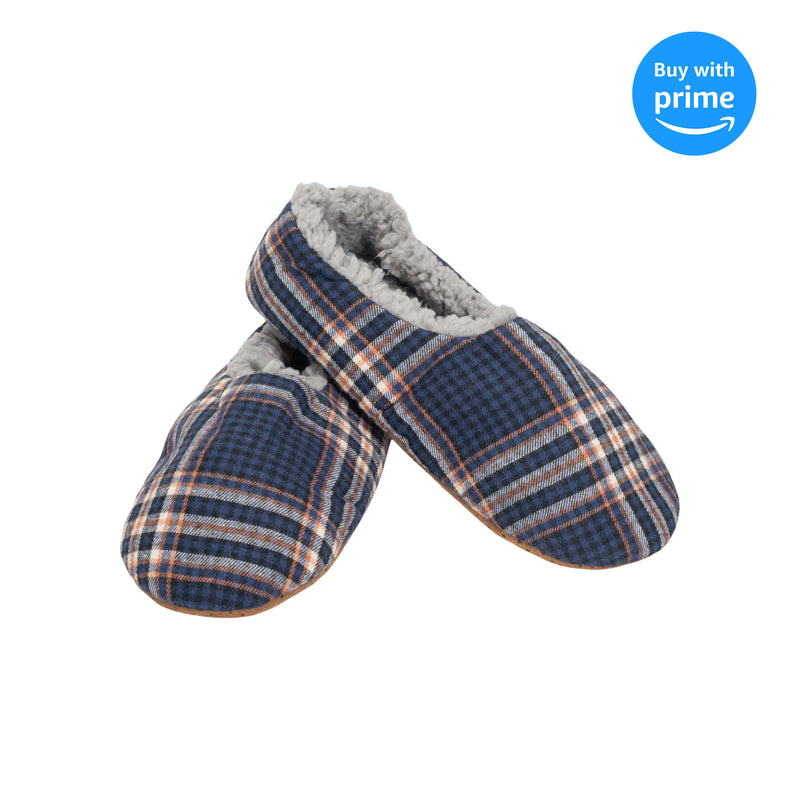 Navy Plaid Mens Plush Lined Cozy Non Slip Indoor Soft Slippers - Medium