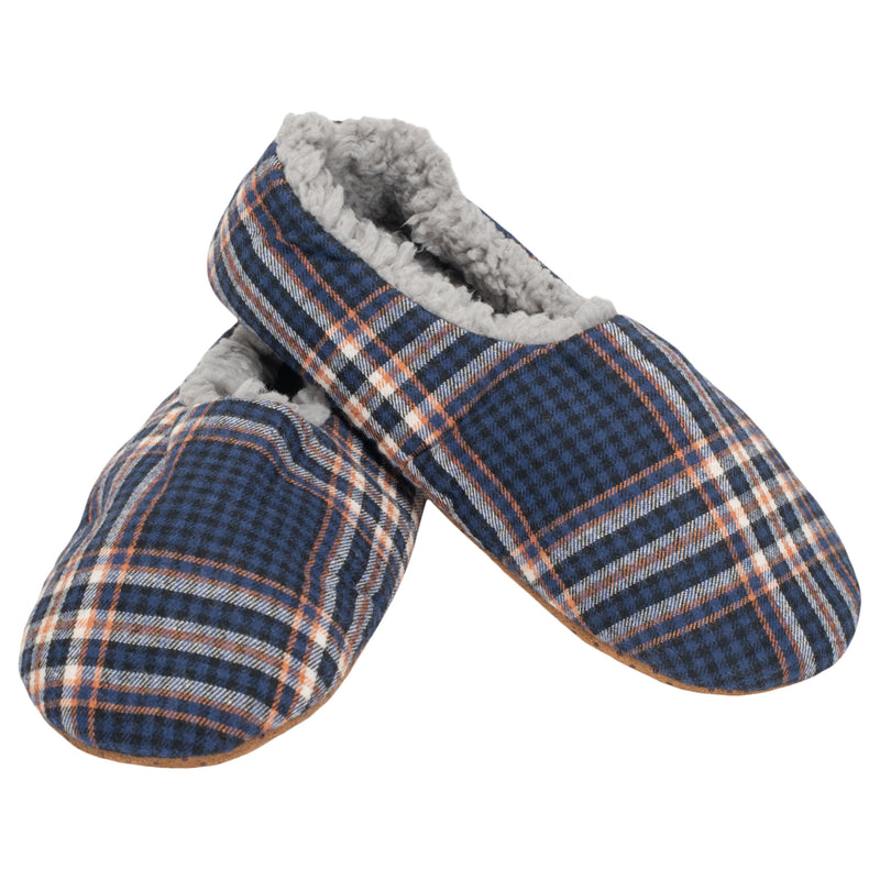 Navy Plaid Mens Plush Lined Cozy Non Slip Indoor Soft Slippers - Medium