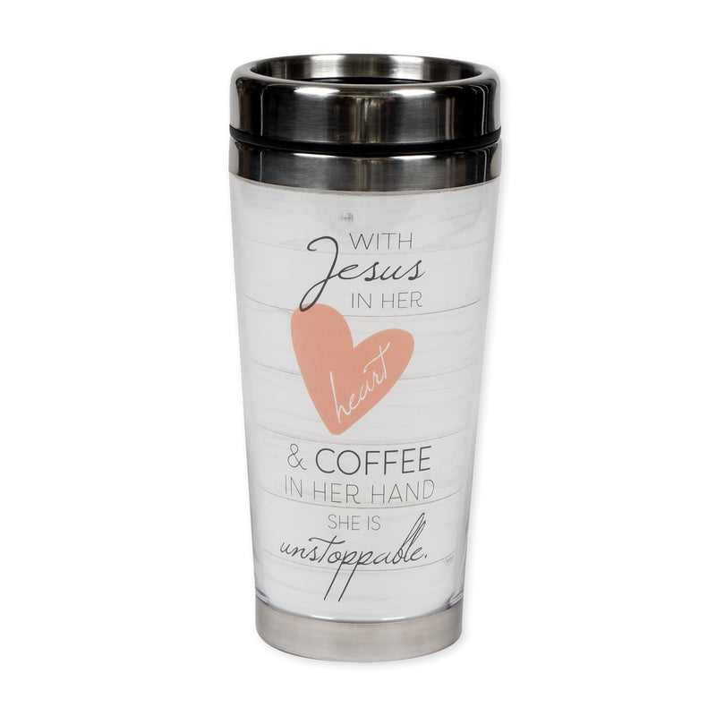 With Jesus and Coffee She is Unstoppable 16 Ounce Stainless Steel Travel Tumbler Mug