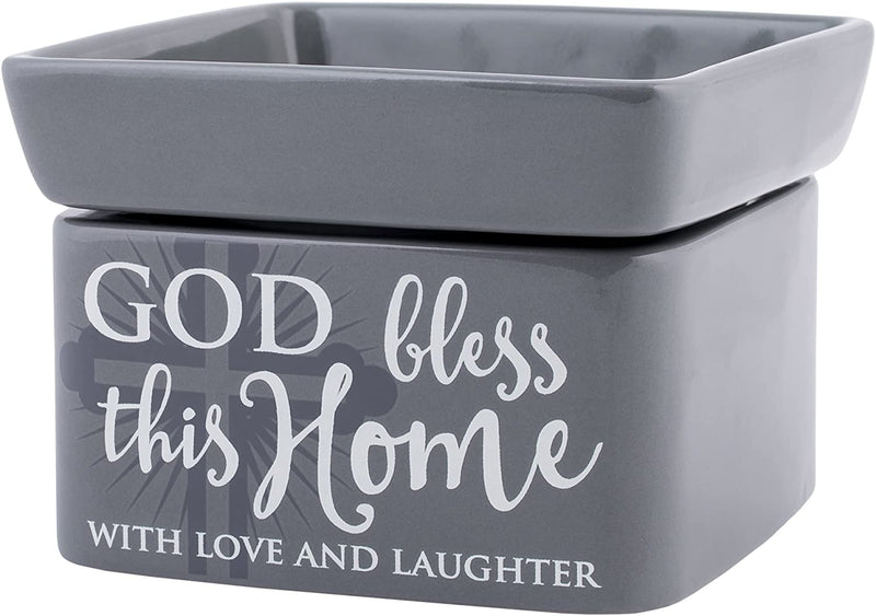 2-in-1 Jar candle warmer with sentiment, "God bless this Home"