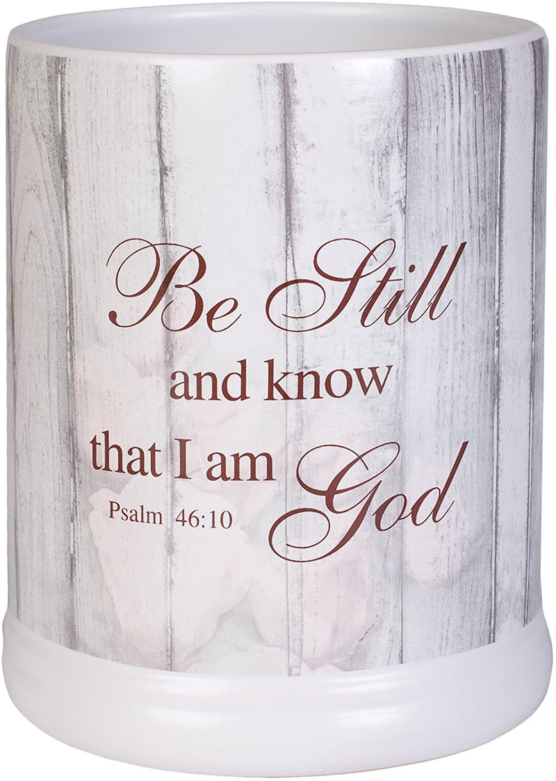 Be Still and Know Distressed Wood Design White Ceramic Stone Jar Warmer