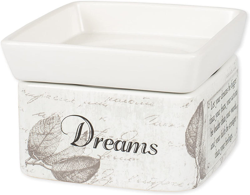 Jar candle warmer side 1 with sentiment, "Dreams"