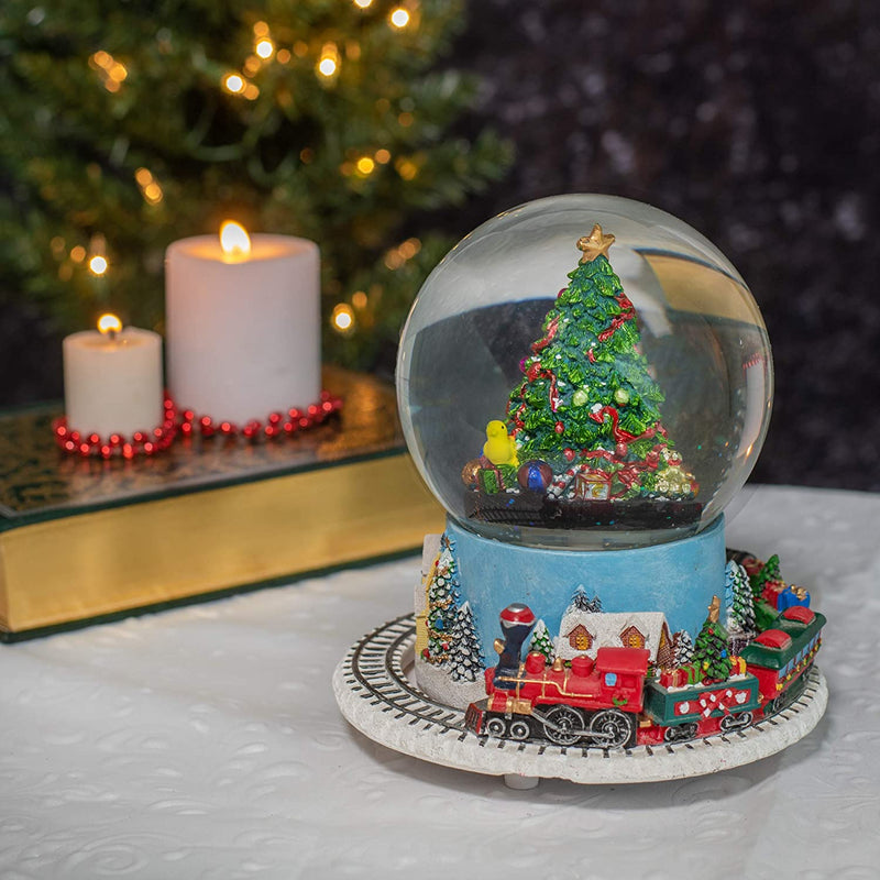 Christmas Tree Village Musical Snow Globe And Moving Train - Plays Tune We Wish You A Merry Christmas