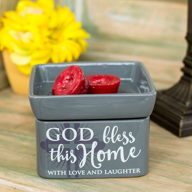 2-in-1 Jar candle warmer with sentiment, "God bless this Home"