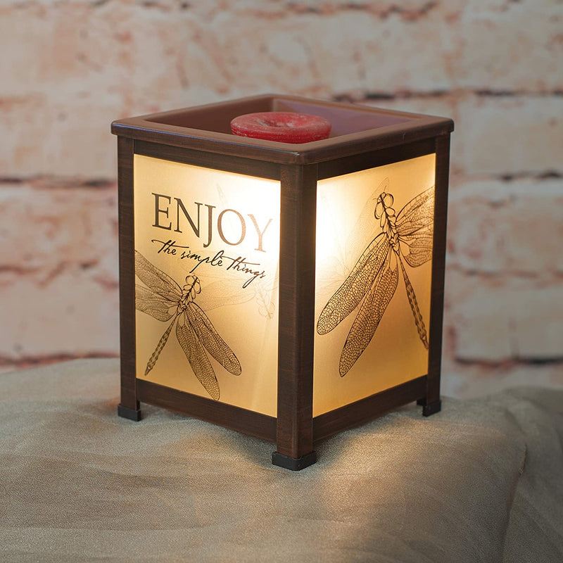 Copper Tone Metal Glass Lantern Warmer with message "enjoy the simple things"