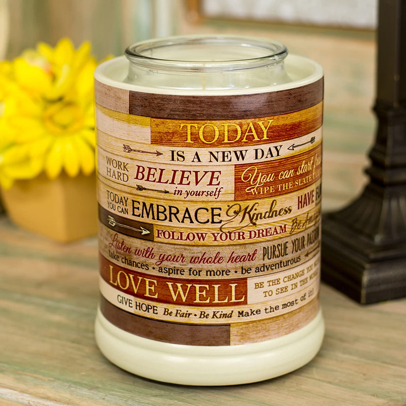 Jar candle warmer with sentiment, "Today is a new day"