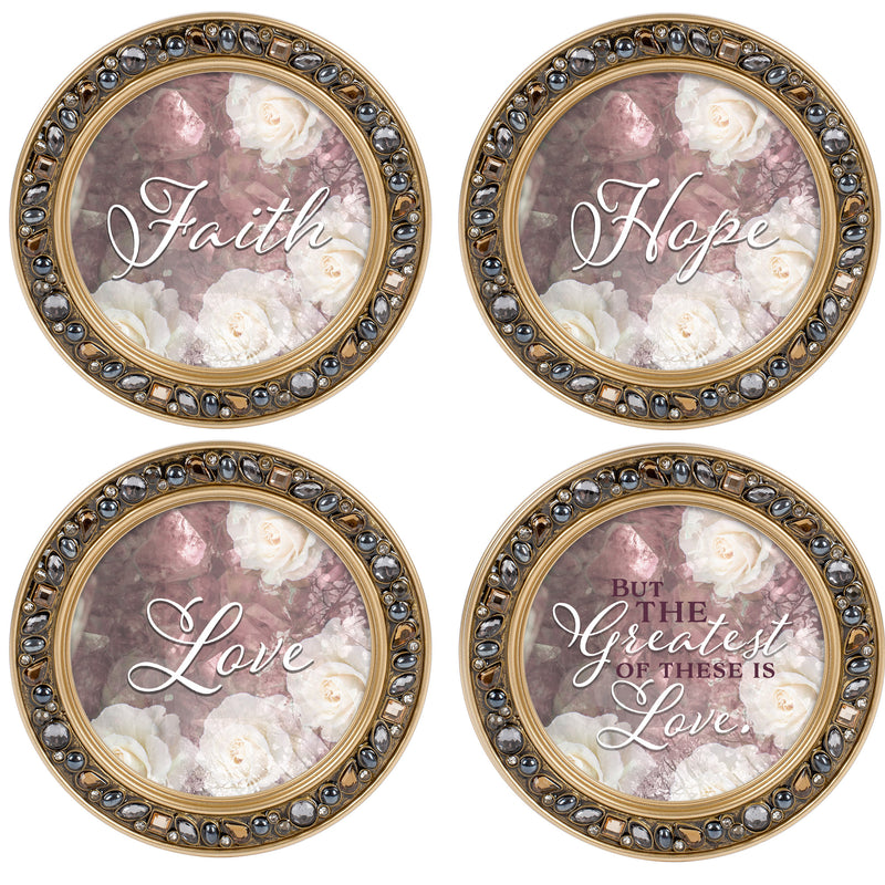 The Greatest of These is Love Amber Goldtone 4.5 Inch Jeweled Coaster Set of 4
