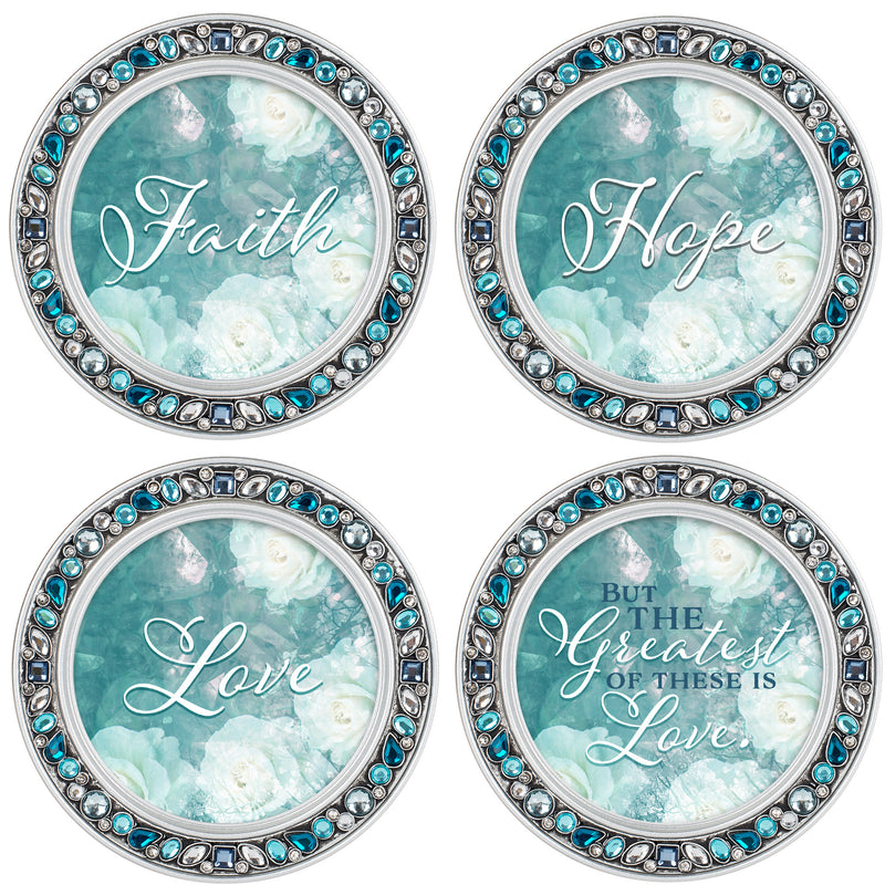 The Greatest of These is Love Aqua Silvertone 4.5 Inch Jeweled Coaster Set of 4