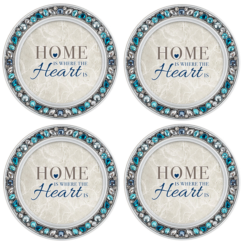 Home is Where the Heart Is Aqua Silvertone 4.5 Inch Jeweled Coaster Set of 4