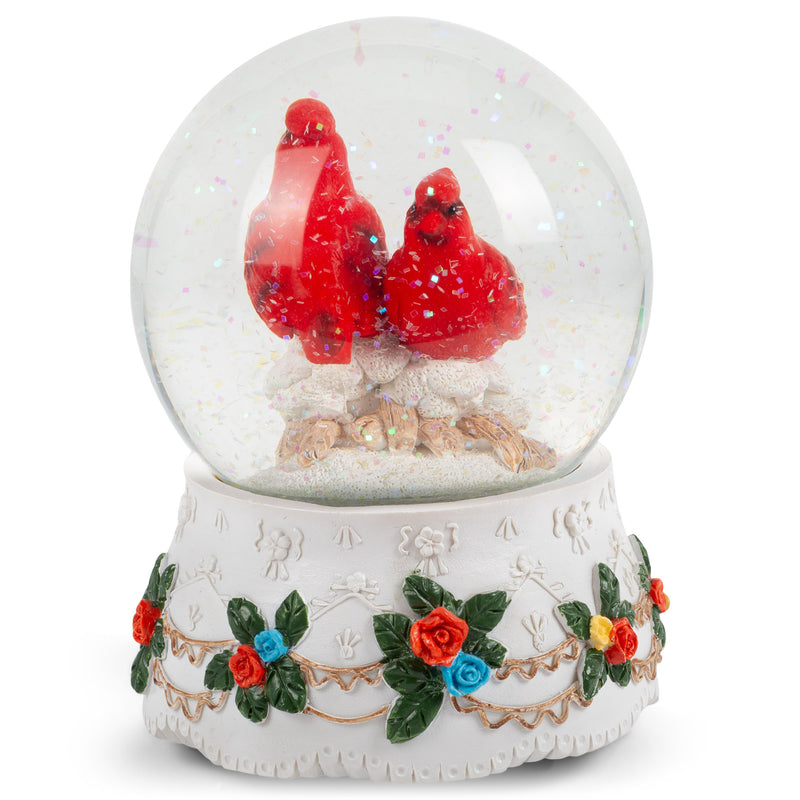 Mr. & Mrs. Red Cardinal Figurine 100MM Water Globe Plays Tune Love Story