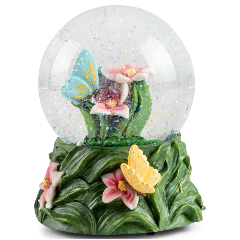 Butterflies on Lilies Figurine 100MM Water Globe Plays Tune English Country Garden