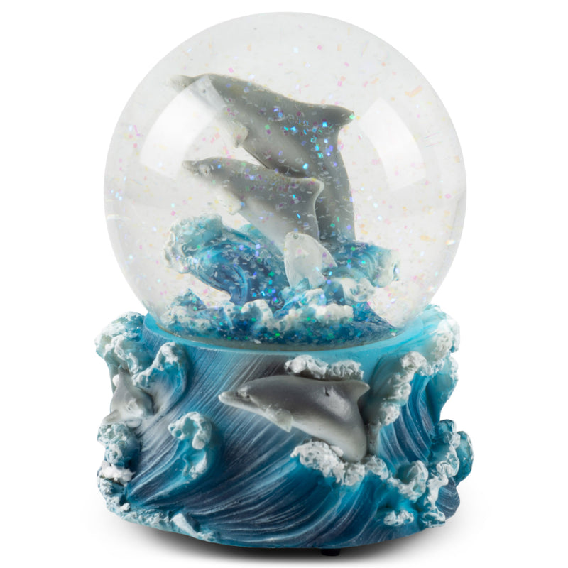 Playful Dolphins Figurine 100MM Water Globe Plays Tune Blue Daube Waltz