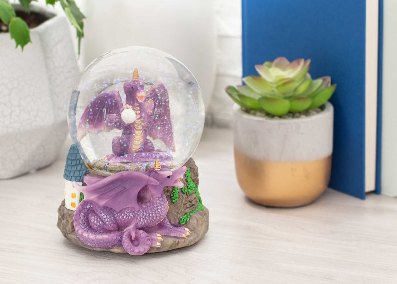 Purple Dragon with Orb on Castle Figurine 100MM Water Globe Plays Tune Impromptu