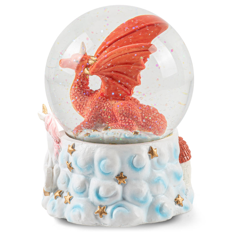 Red Dragon with Unicorn Figurine 100MM Water Globe Plays Tune Jupiter Opus No. 4