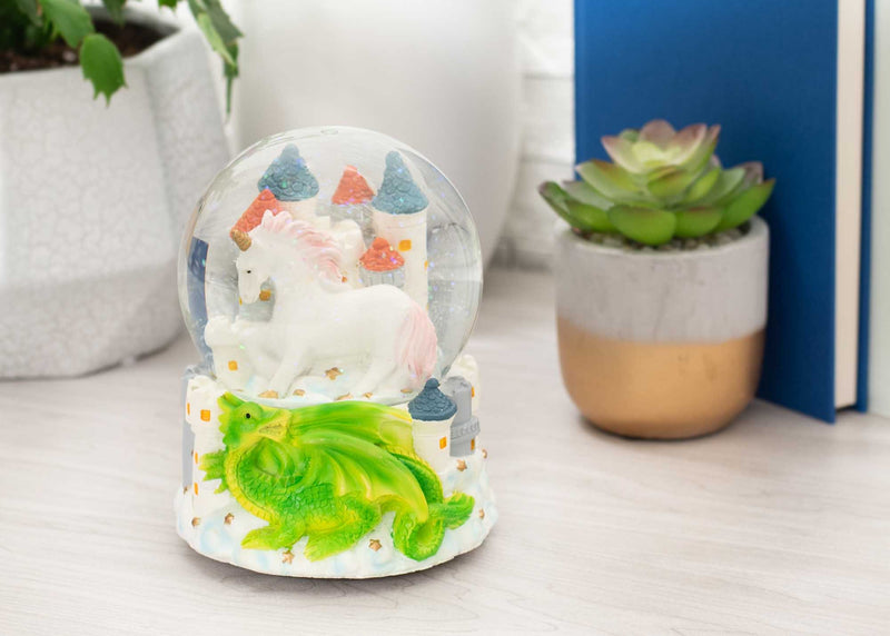 Castle Unicorn with Green Dragon Figurine 100MM Water Globe Plays Tune You Are My Sunshine
