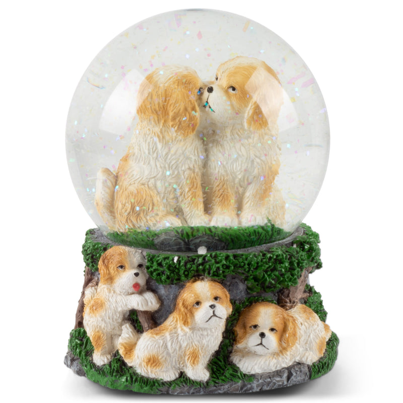 Playful White Tan Puppies Figurine 100MM Water Globe Plays Tune Best of Friends