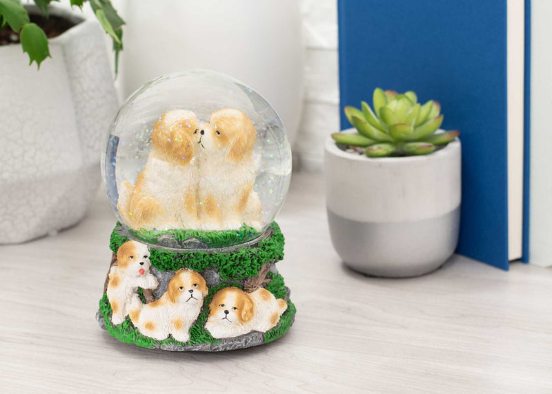 Playful White Tan Puppies Figurine 100MM Water Globe Plays Tune Best of Friends