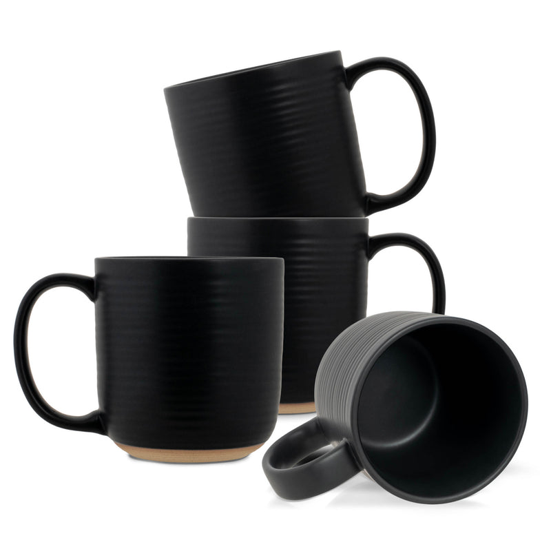 Elanze Designs Ribbed Solid Black 13 ounce Ceramic Coffee Mugs Pack of 4
