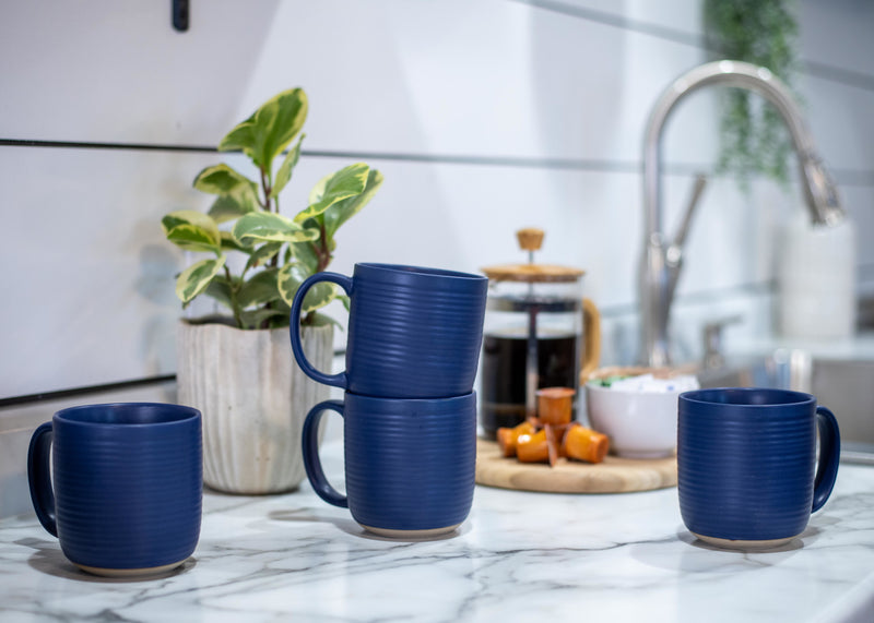 Elanze Designs Ribbed Solid Royal Blue 13 ounce Ceramic Coffee Mugs Pack of 4