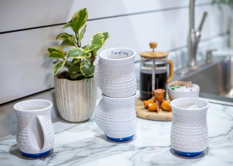 Elanze Designs Cup of Cozy Navy Blue 14 ounce Ceramic Handwarmer Mugs Set of 4