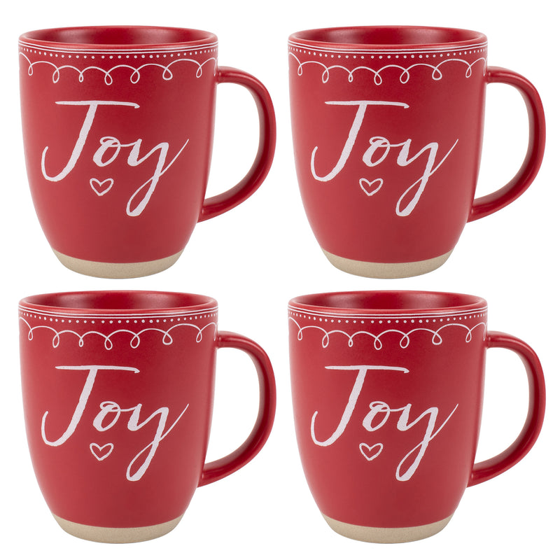 Elanze Designs Joy Raw Clay Bottom Red 13 ounce Ceramic Christmas Coffee Mugs Set of 4