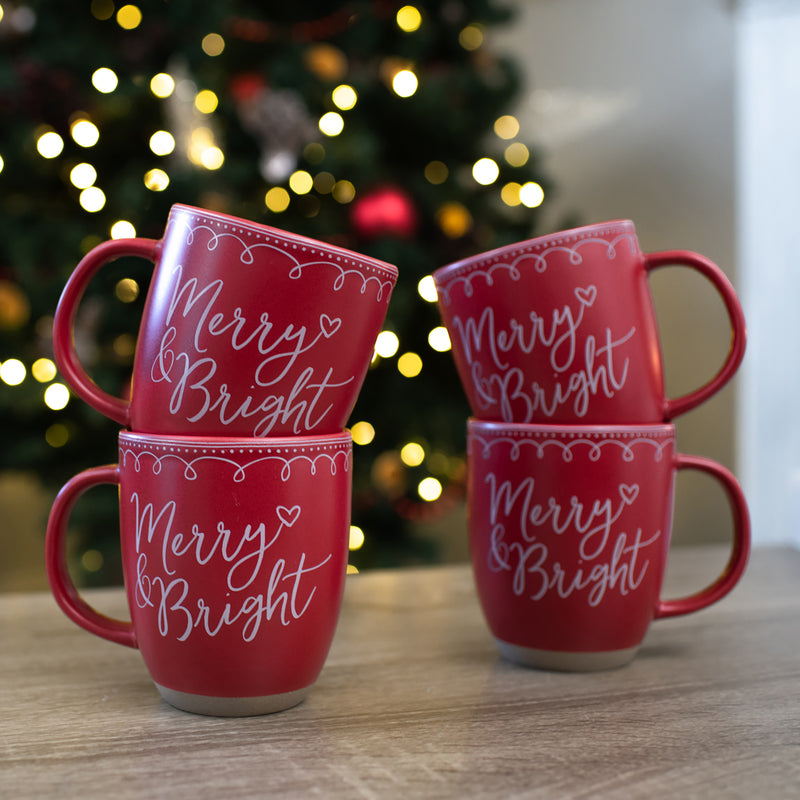 Elanze Designs Merry Raw Clay Bottom Red 13 ounce Ceramic Christmas Coffee Mugs Set of 4