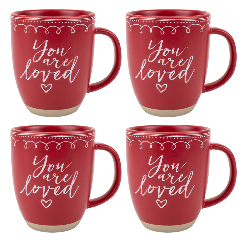 Elanze Designs Loved Raw Clay Bottom Red 13 ounce Ceramic Christmas Coffee Mugs Set of 4