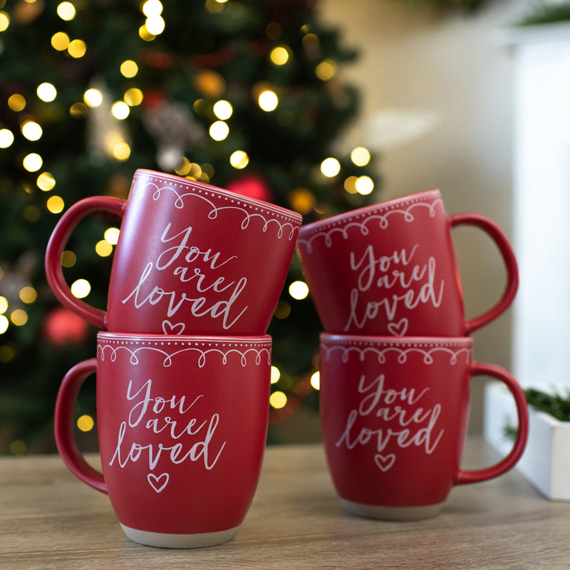 Elanze Designs Loved Raw Clay Bottom Red 13 ounce Ceramic Christmas Coffee Mugs Set of 4