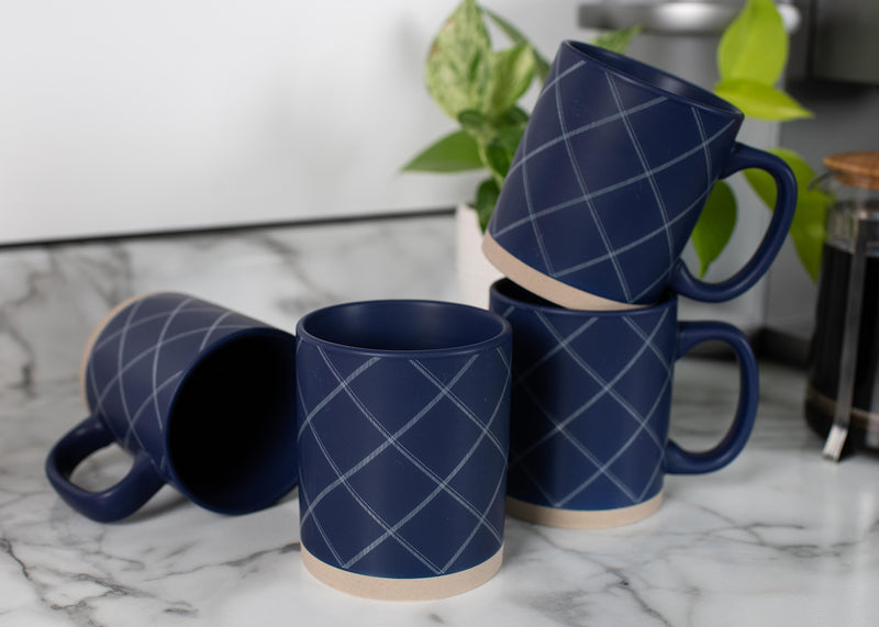 Elanze Designs Modern Plaid Raw Clay Bottom Navy Blue 13 ounce Ceramic Coffee Mugs Set of 4