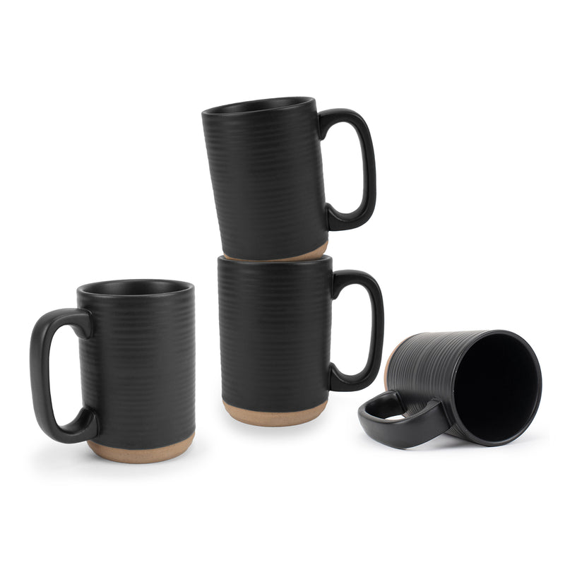 Elanze Designs Tall Ribbed Raw Clay Bottom Black 16 ounce Ceramic Coffee Mugs Set of 4