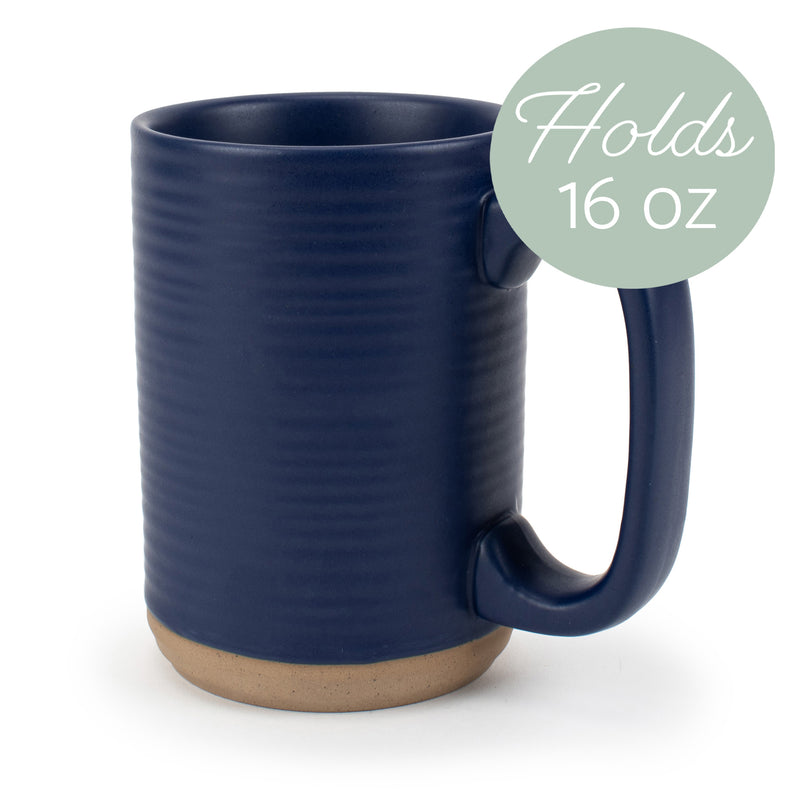 Elanze Designs Tall Ribbed Raw Clay Bottom Navy Blue 16 ounce Ceramic Coffee Mugs Set of 4