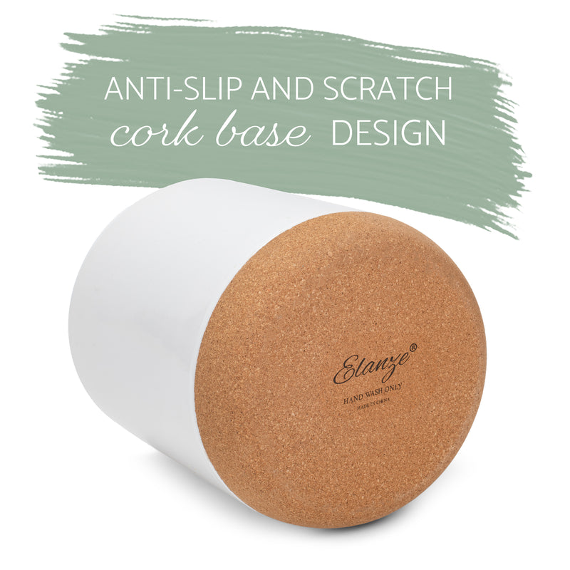 Glossy X-Large Ceramic Stoneware Cork Bottom Kitchen Utensil Holder, White