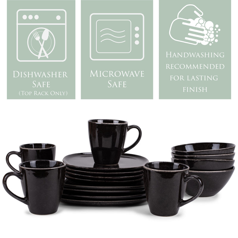 Elanze Designs Modern Chic Smooth Ceramic Stoneware Dinnerware 16 Piece Set - Service for 4, Black