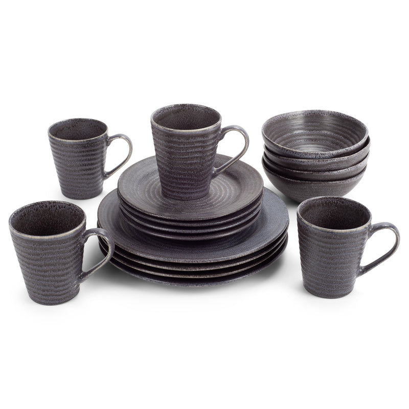 Elanze Designs Modern Chic Ribbed Ceramic Stoneware Dinnerware 16 Piece Set - Service for 4, Charcoal Grey