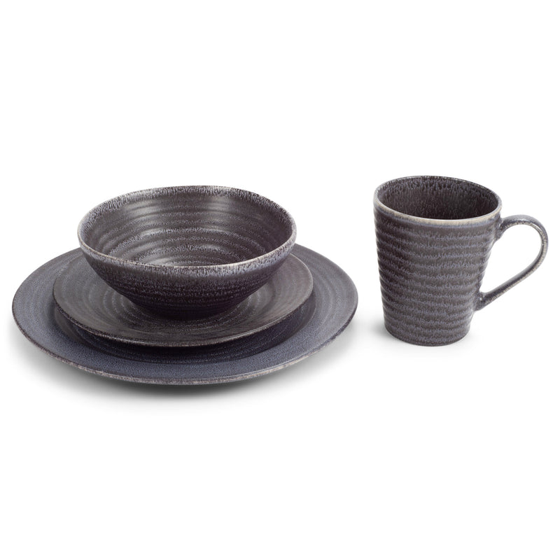 Elanze Designs Modern Chic Ribbed Ceramic Stoneware Dinnerware 16 Piece Set - Service for 4, Charcoal Grey