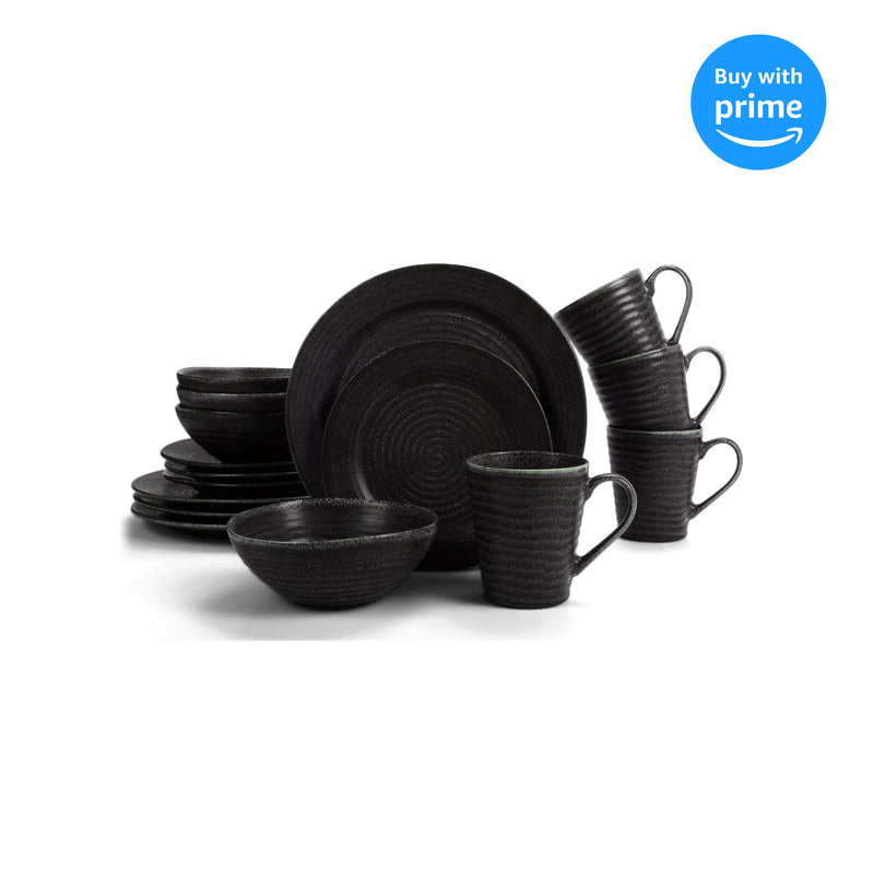 Elanze Designs Chic Ribbed Ceramic Stoneware Dinnerware 16 Piece Set - Service for 4, Black With White