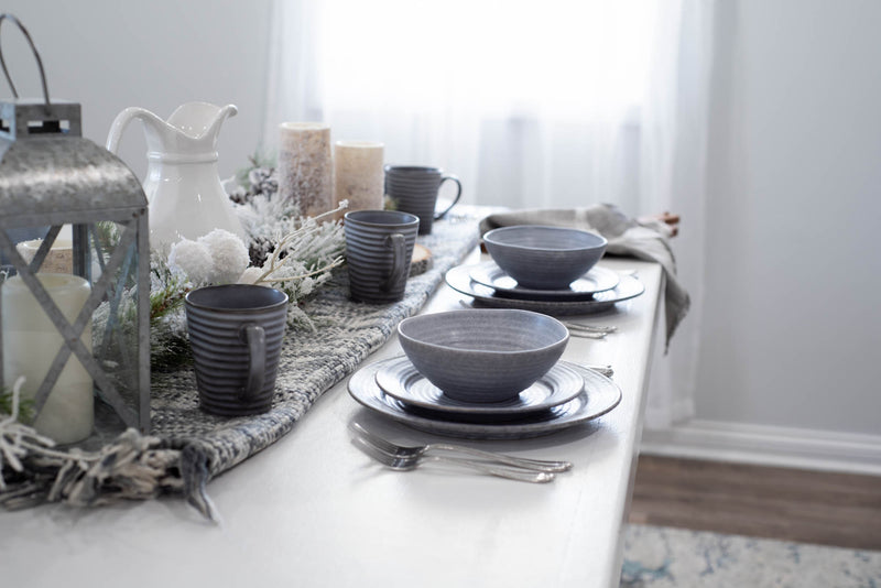 Elanze Designs Modern Chic Ribbed Ceramic Stoneware Dinnerware 16 Piece Set - Service for 4, Slate Grey