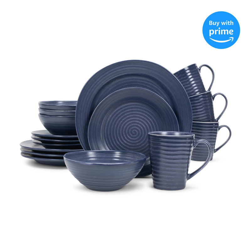 Elanze Designs Chic Ribbed Ceramic Stoneware Dinnerware 16 Piece Set - Service for 4, Navy Blue