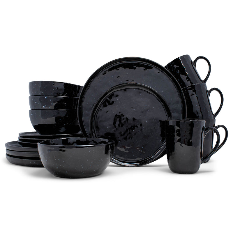 Elanze Designs Shiny Speckled Ceramic Dinnerware 16 Piece Set - Service for 4, Black