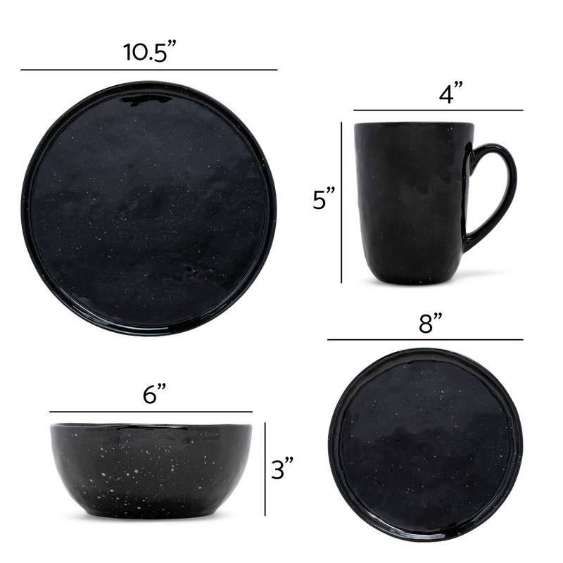 Elanze Designs Shiny Speckled Ceramic Dinnerware 16 Piece Set - Service for 4, Black